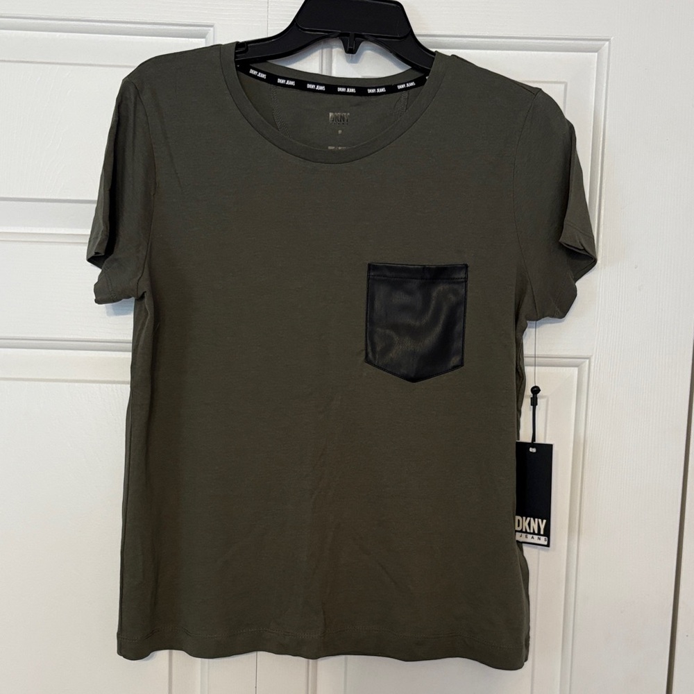 DKNY Olive Green Short Sleeve Tee with Black Faux Leather Pocket